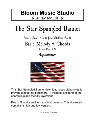 The Star Spangled Banner Key of G Alphanotes Lead Sheet (arr. Edna J. Bloom)