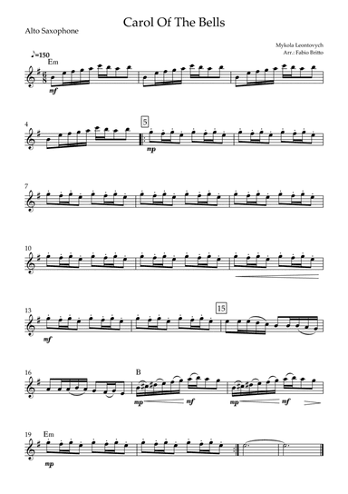 Carol Of The Bells (Mykola Leontovych) for Alto Saxophone Solo with Chords (arr. Fabio Britto)