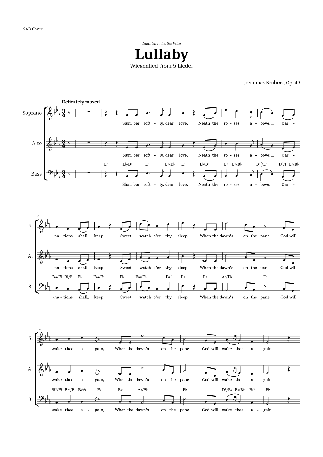 Lullaby by Brahms for SAB Choir (arr. Langanho)