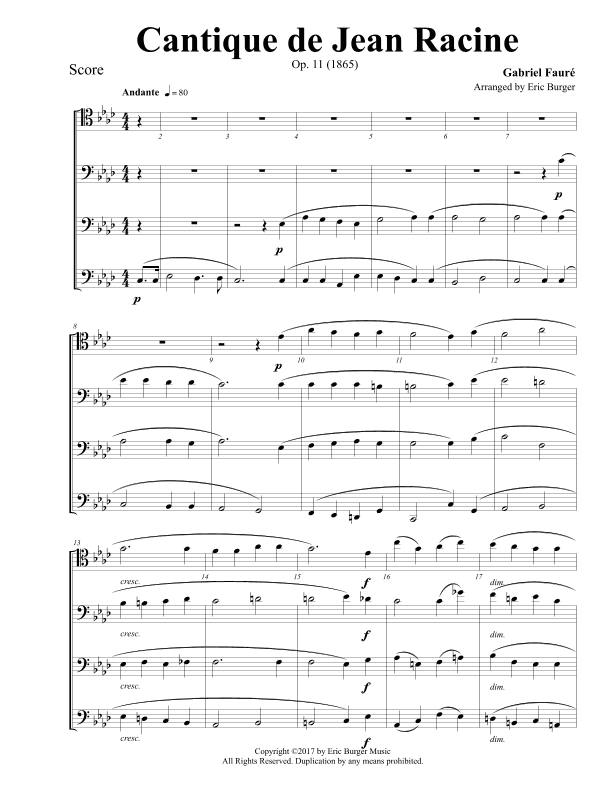 Cantique de Jean Racine for Trombone or Low Brass Quartet (arr. Eric Burger Music)