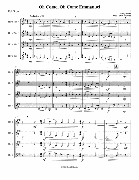 Oh Come Oh Come Emmanuel for French Horn Quartet (arr. David Baptist)