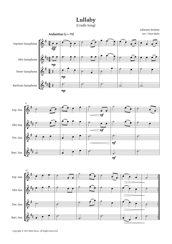 Brahms Lullaby - Sax Quartet (arr. Vitor Melo)