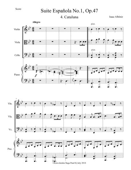 Isaac Albeniz - "Cataluna" arr. for piano quartet (score and parts) (arr. Julia Samarska)