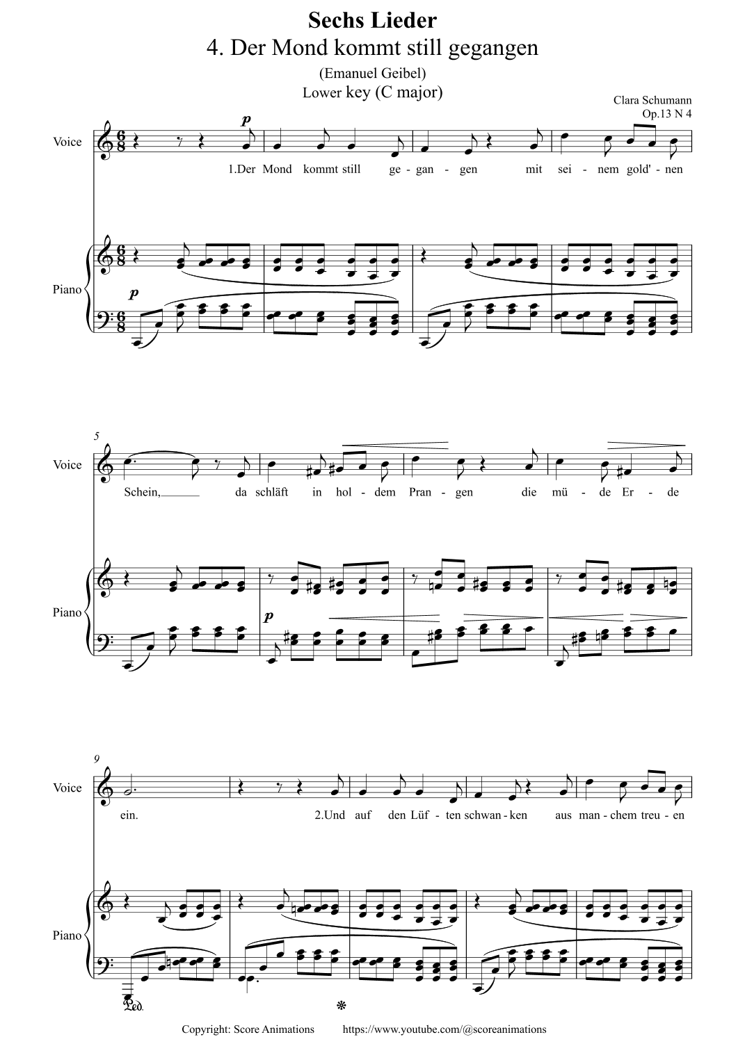 Der Mond kommt still gegangen Op 13 N4 in C major (Lower key) (arr. Score Animations)