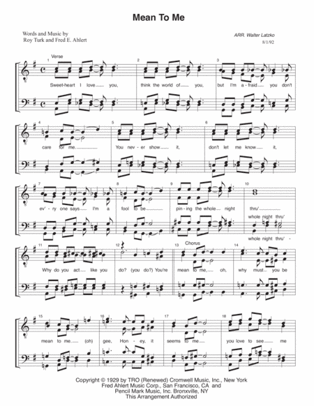 Mean To Me (arr. Walter Latzko)