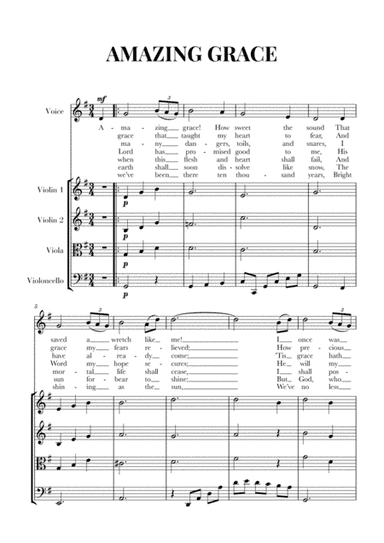 Amazing Grace for Voice and String Quartet (2 Violins, Viola, Cello) (arr. Cadenza Editions)