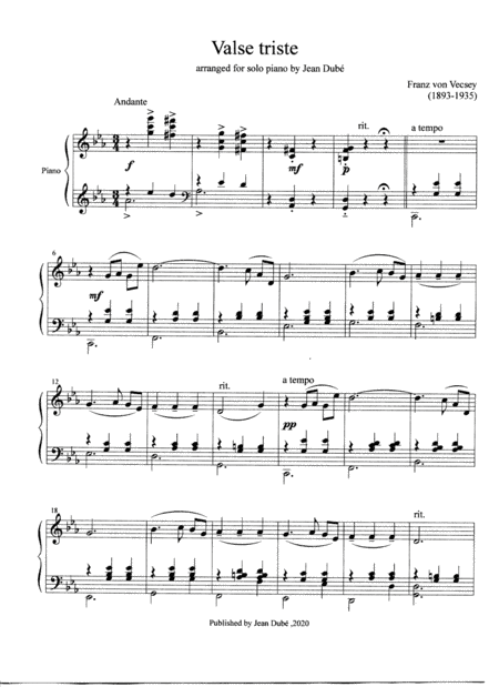 F.von Vecsey: Valse Triste (for  piano solo) (arr. Jean Dubé)