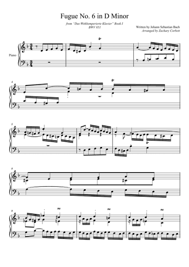 Fugue No. 6 BWV 851 in D Minor (arr. Zachary Corbett)