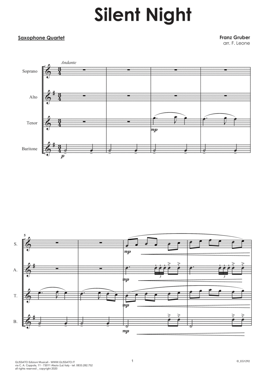Silent Night - Sax Quartet (score & parts) (arr. Francesco Leone)