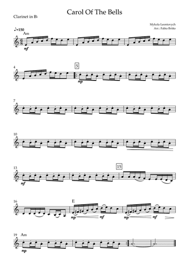 Carol Of The Bells (Mykola Leontovych) for Clarinet in Bb Solo with Chords (arr. Fabio Britto)