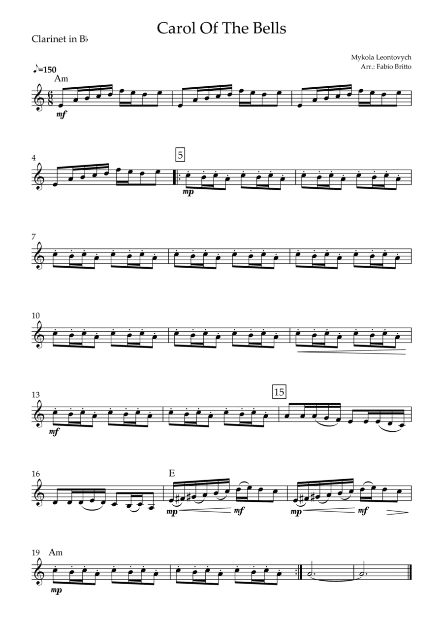 Carol Of The Bells (Mykola Leontovych) for Clarinet in Bb Solo with Chords (arr. Fabio Britto)