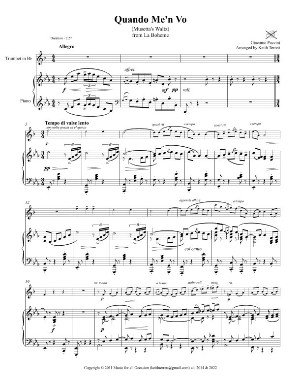 Quando Me'n Vo for Bb Trumpet/Cornet/Flugel/Bb Baritone/Bb Euphonium  & Piano (arr. Keith Terrett)