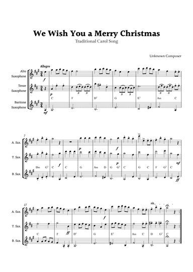 We Wish you a Merry Christmas for Low Saxophone Ensemble Trio with Chords (arr. Rika K.)