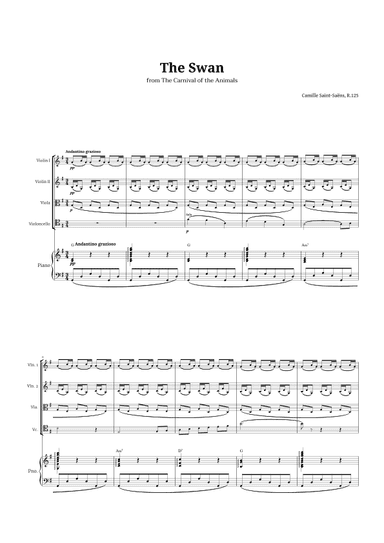 The Swan by Saint-Saëns for String Quartet and Piano with Chords (arr. Langanho)