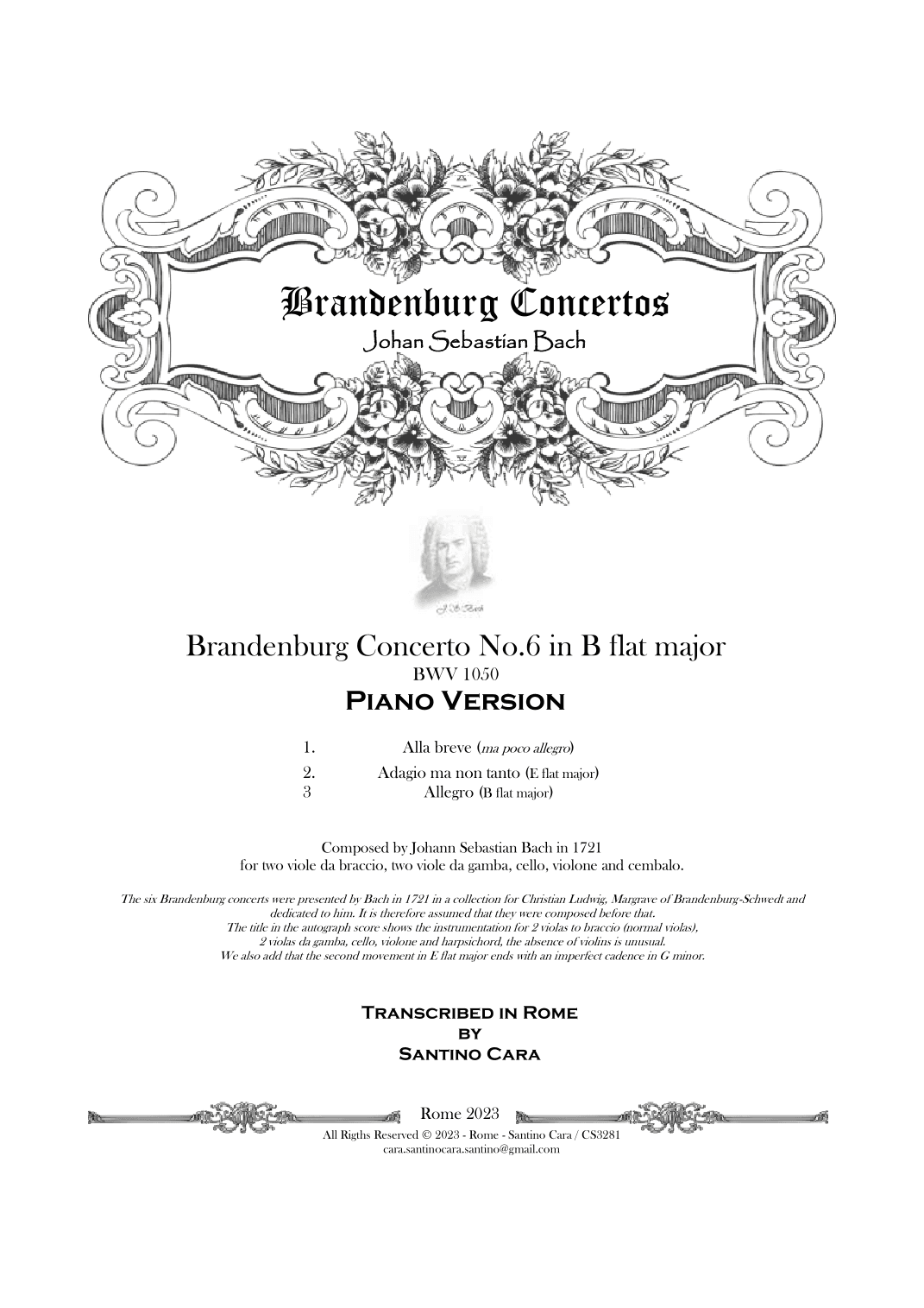 Bach - Brandenburg Concerto No.6 in B flat major BWV 1051 - Piano Version (arr. Santino Cara)