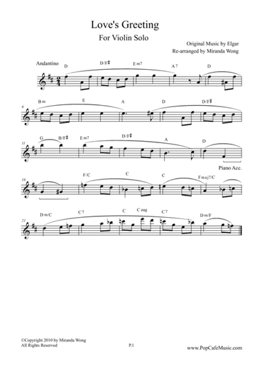 Love's Greeting (Salut d' Amour) in D Key - Lovely Version for Violin Solo (arr. Miranda Wong)