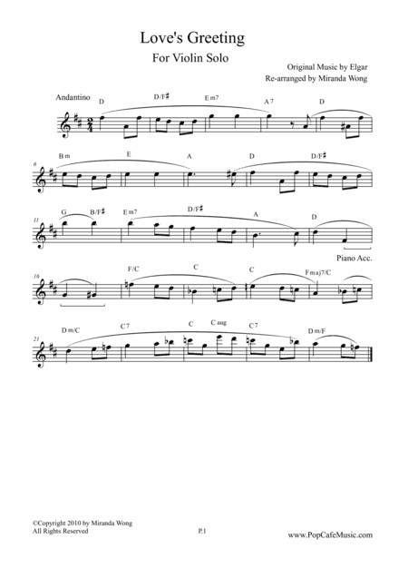 Love's Greeting (Salut d' Amour) in D Key - Lovely Version for Violin Solo (arr. Miranda Wong)