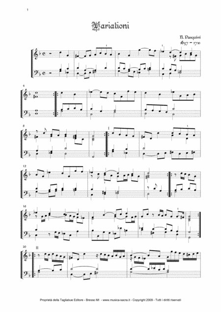 PASQUINI - VARIAZIONI - For Piano/Organ (arr. Marcello Meneguzzo)