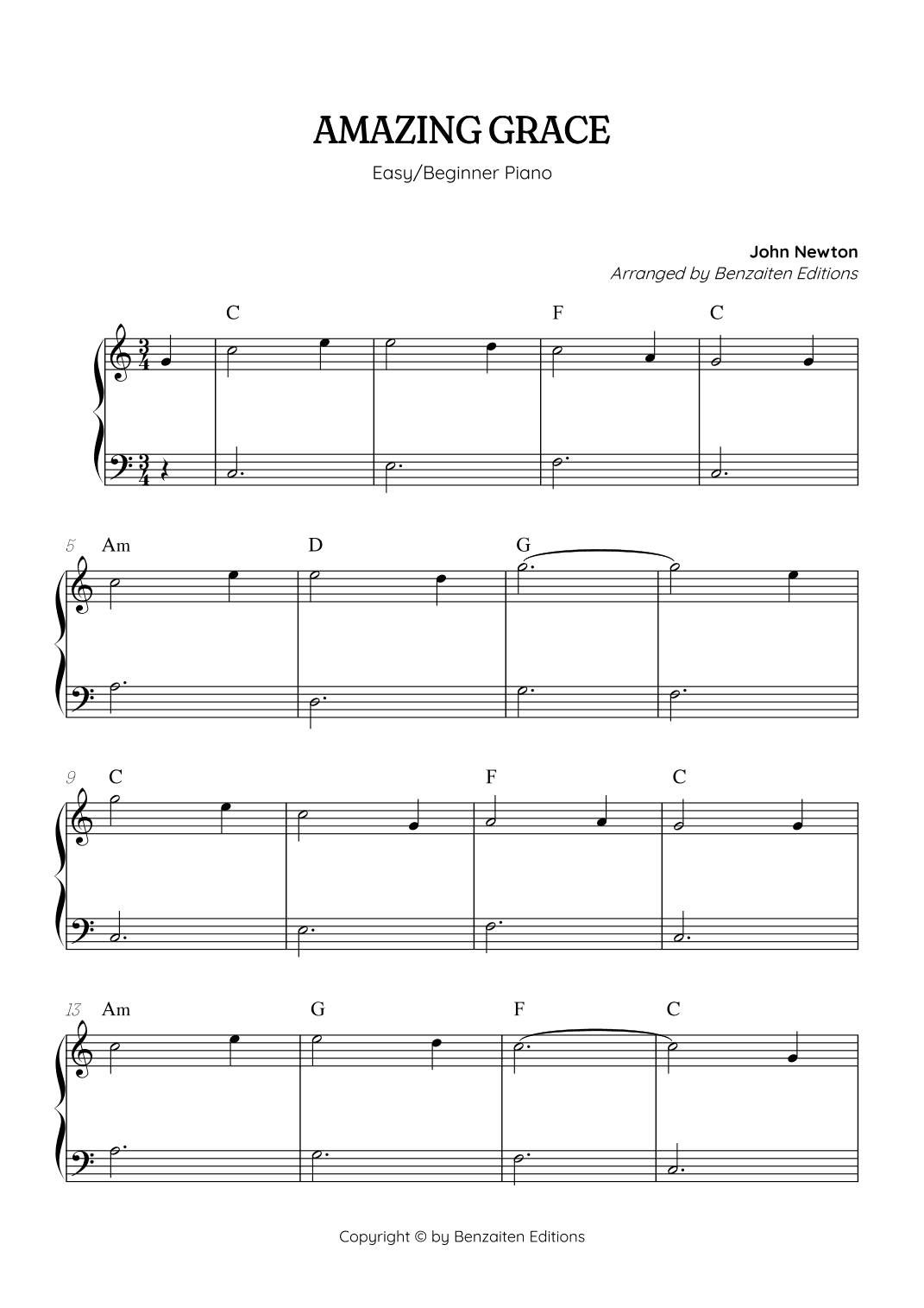 Amazing Grace • super easy piano sheet music with chords (arr. Benzaiten Editions)