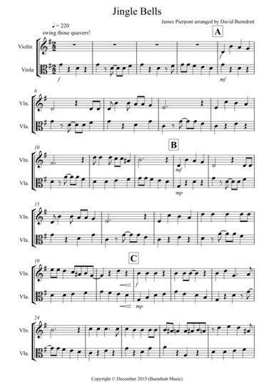 Jingle Bells (Jazzy Style!) for Violin and Viola Duet (arr. David Burndrett)
