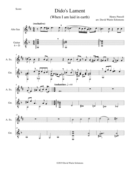 Dido's Lament - When I am laid in earth - arranged for alto saxophone and guitar (arr. David Warin Solomons)