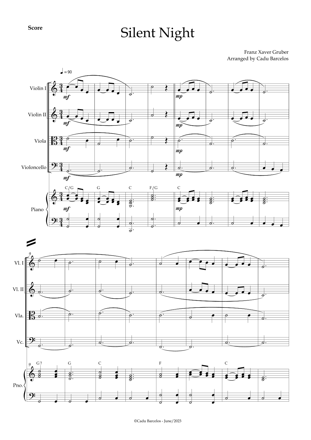 Silent night (Strings Quartet) Piano and chords (arr. Cadu Barcelos)