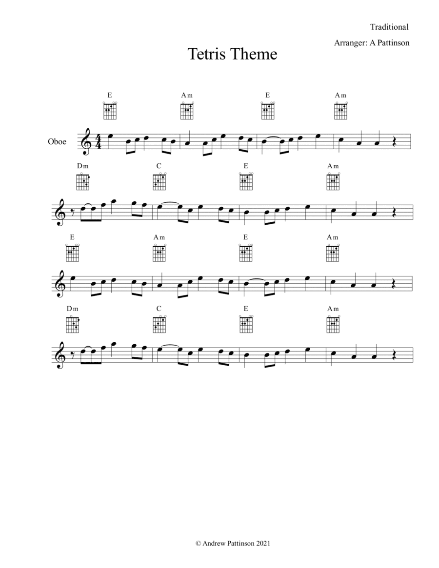 Tetris theme for Easy Oboe with Guitar Chords (arr. Andrew Pattinson)