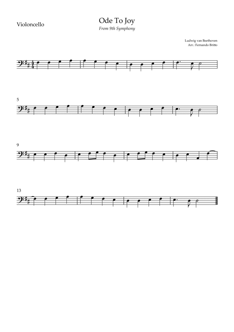 Ode To Joy (from Beethoven's 9th Symphony) for Cello Solo (arr. Fernando Britto)