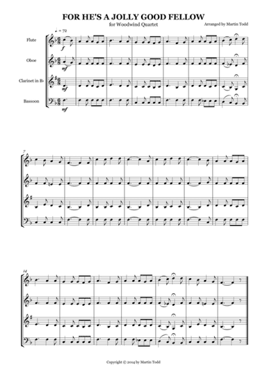 For He's A Jolly Good Fellow for Woodwind Quartet (arr. Martin Todd)
