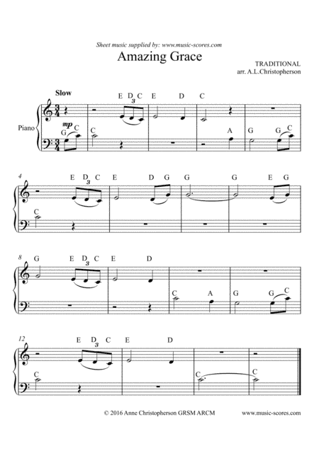 Amazing Grace - Easy Piano with note names (arr. Anne L Christopherson GRSM ARCM)