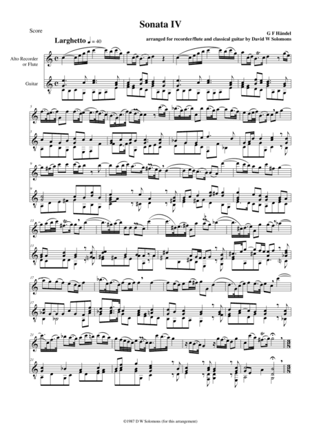 Sonata No IV arranged for flute or alto recorder and guitar (arr. David Warin Solomons)