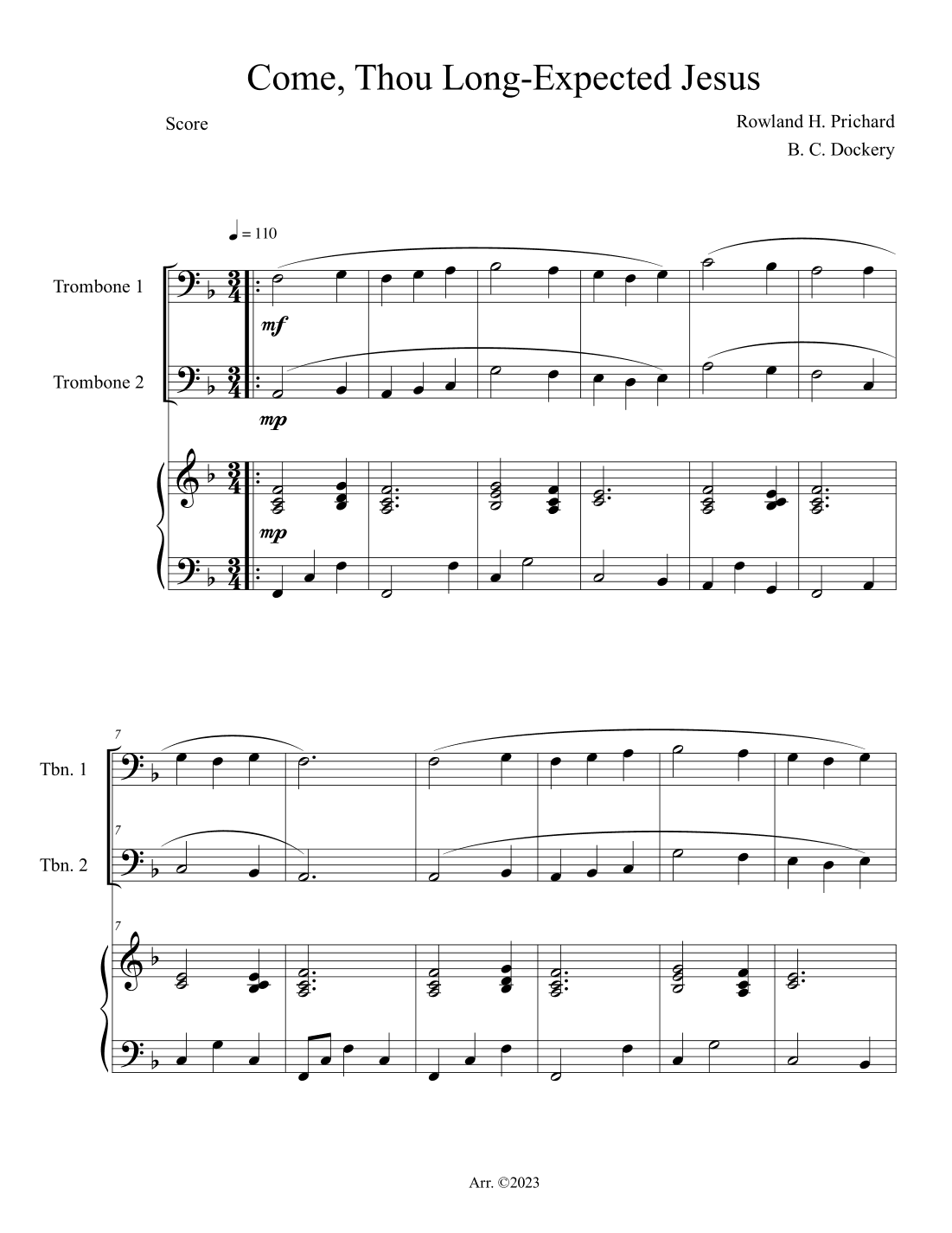 Come, Thou Long-Expected Jesus (Trombone Duet with Piano Accompaniment) (arr. B. C. Dockery)