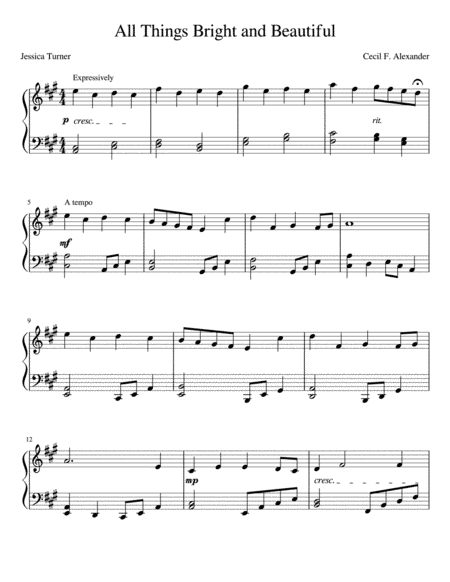 All Things Bright and Beautiful-- Intermediate piano (arr. Jessica Turner)