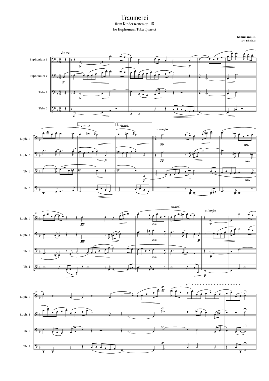 Traumerei from Kinderszenen op. 15 for Euphonium Tuba Quartet (arr. S. Ishida)