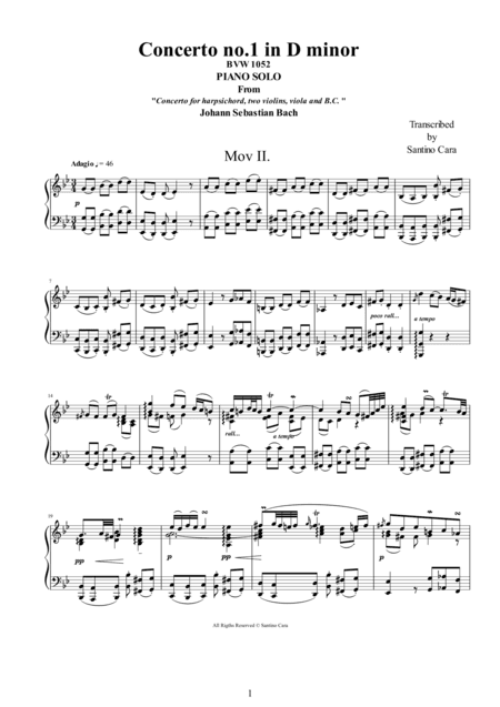 J.S.Bach - Concerto no.1 in D minor BWV1052 -2 Adagio - Piano version (arr. Santino Cara)