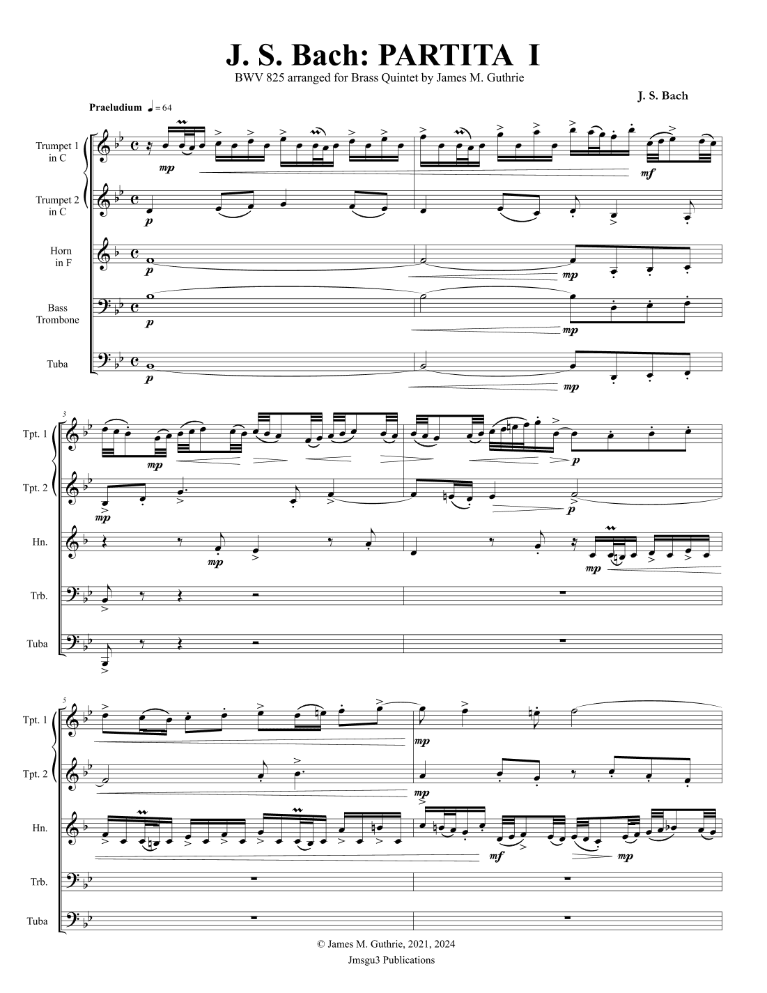 BACH: Partita No. 1 BWV 825 for Brass Quintet (arr. James M. Guthrie)