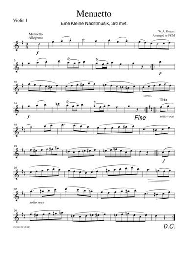 Mozart  Menuetto (Eine kleine Nachtmusik, 3rd mvt.), for string quartet, CM007 (arr. FCMUSIC)