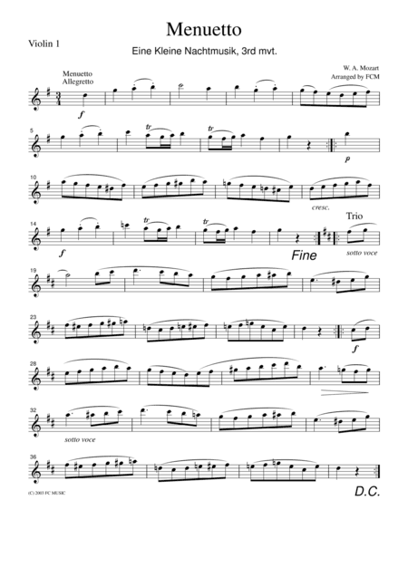 Mozart  Menuetto (Eine kleine Nachtmusik, 3rd mvt.), for string quartet, CM007 (arr. FCMUSIC)