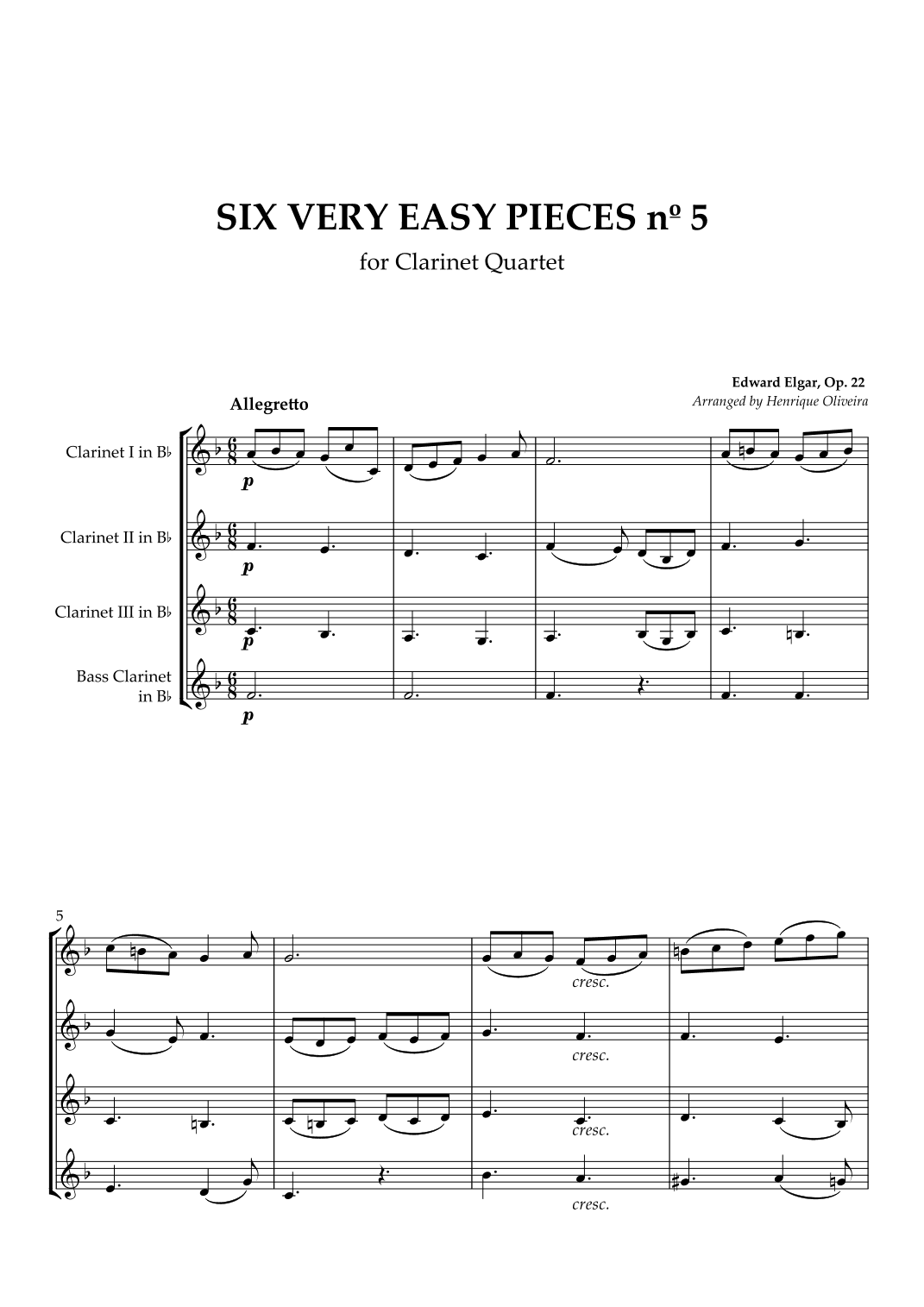Six Very Easy Pieces nº 5 (Allegretto) - Clarinet Quartet (arr. Henrique Oliveira)
