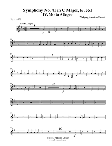 Mozart Symphony No. 41, Jupiter, Movement IV - Horn in F 1 (Transposed Part), K. 551 (arr. Doug Clyde)
