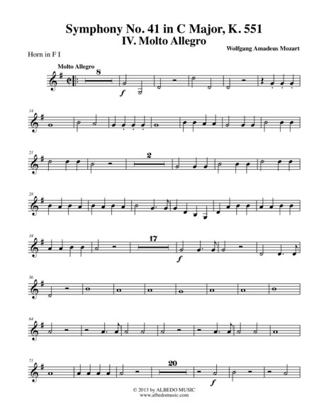 Mozart Symphony No. 41, Jupiter, Movement IV - Horn in F 1 (Transposed Part), K. 551 (arr. Doug Clyde)