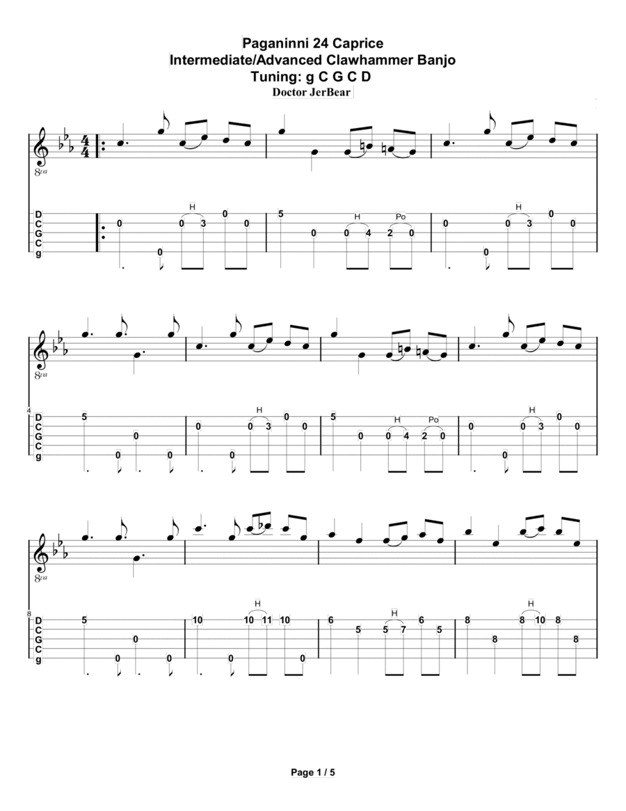 Doctor JerBear--Paganini 24 Caprice--Clawhammer Banjo, Intermediate/Advanced (arr. Doctor JerBear)