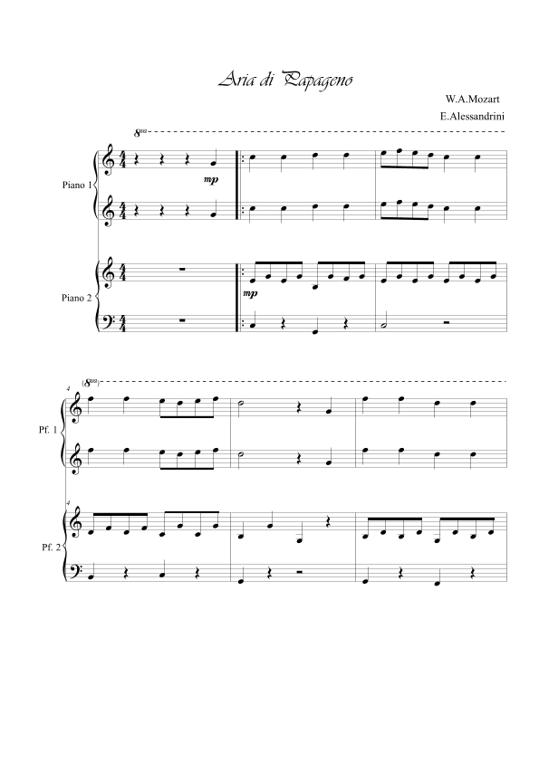Aria di Papageno. Piano 4 hands (arr. Ester Alessandrini)