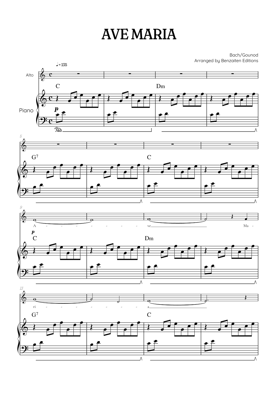 Bach / Gounod Ave Maria in C major • contralto sheet music with piano accompaniment and chords (arr. Benzaiten Editions)
