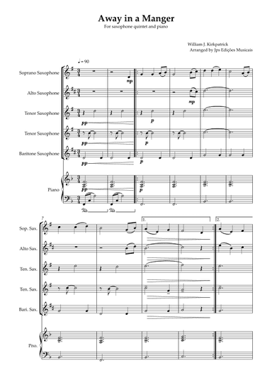 Away in a Manger for Saxophone Quintet and Piano (arr. JPS Edições Musicais)