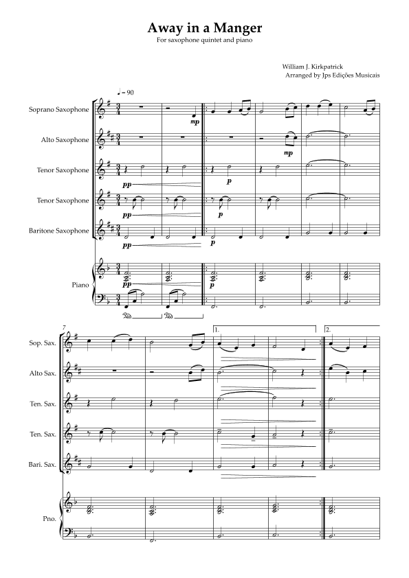 Away in a Manger for Saxophone Quintet and Piano (arr. JPS Edições Musicais)
