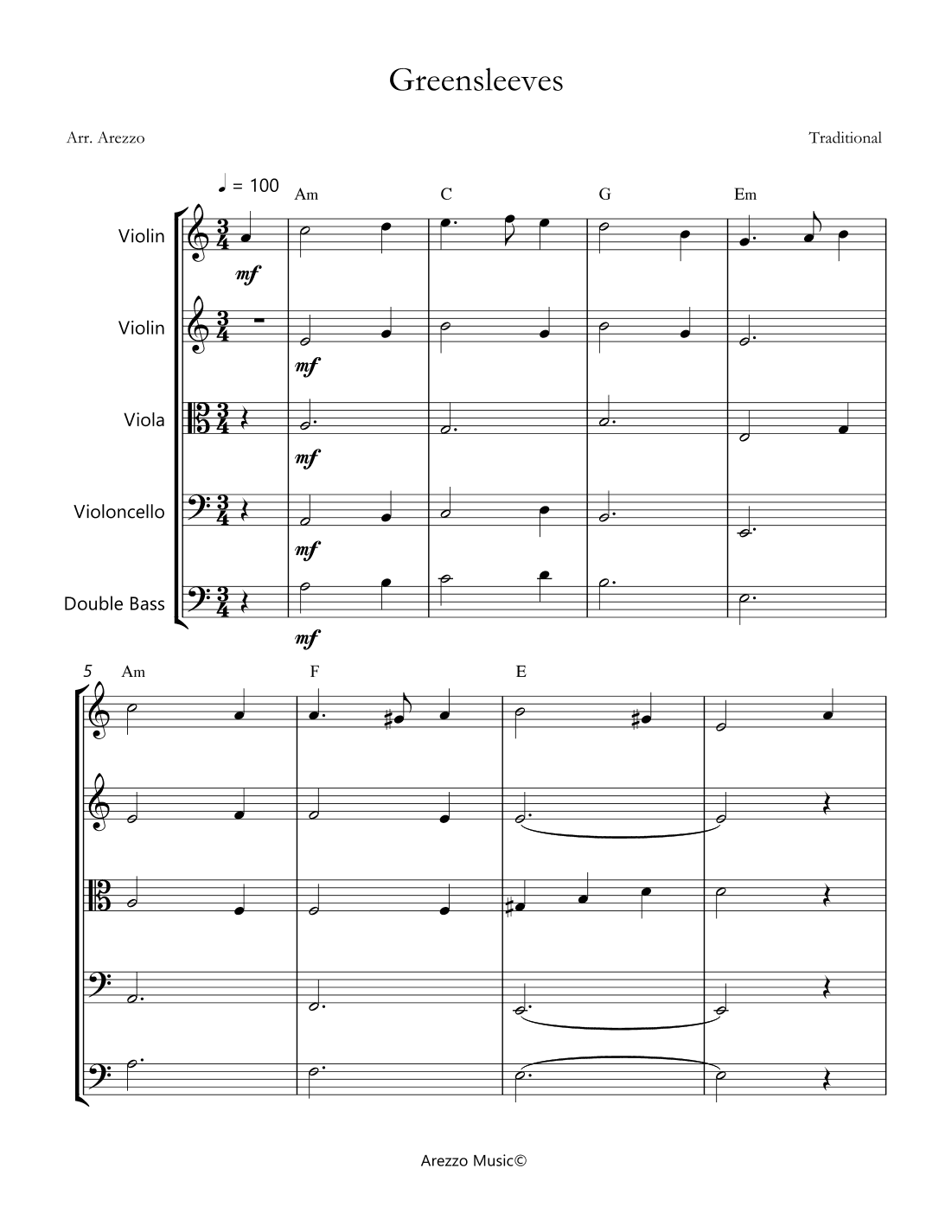 greensleeves for string quintet with chords sheet music (arr. Arezzo Music)