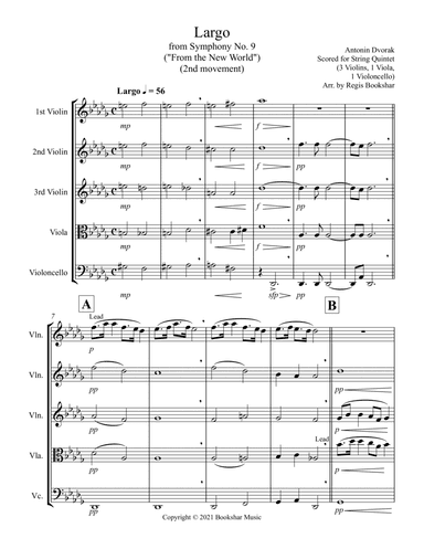 Largo (from "Symphony No. 9") ("From the New World") (Db) (String Quintet - 3 Violins, 1 Viola, 1 Ce (arr. Regis Bookshar)