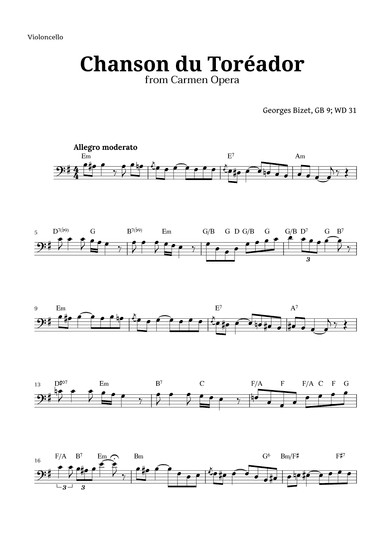 Chanson du Toreador by Bizet for Cello (arr. Langanho)