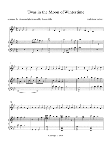'Twas in the Moon of Wintertime (for glockenspiel) (arr. Arranged by Jeanne Allie for piano and glockenspiel)